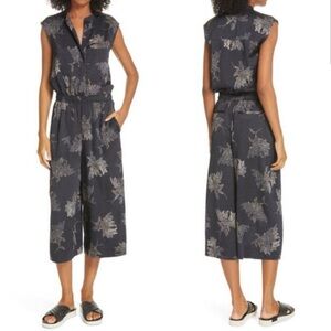VINCE Woodblock Floral Sleeveless Jumper Romper Black Silk Like Lightweight